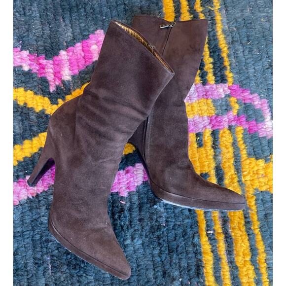 Prada Rich Brown Suede High Platform Boots Fall Essential Y2K ~ Sz 40 10 - Picture 1 of 7